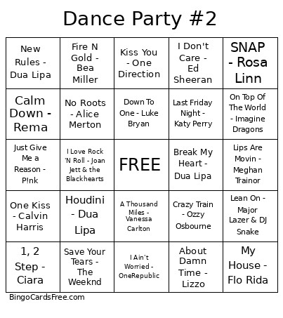 Dance Party #2 Bingo Card