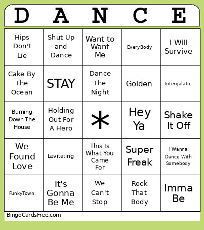 Dance Party Music Bingo Card