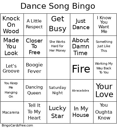 Dance Songs Bingo Card