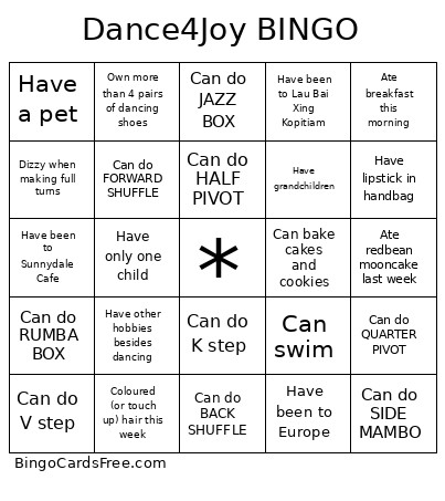 Dance4Joy Bingo Card 2