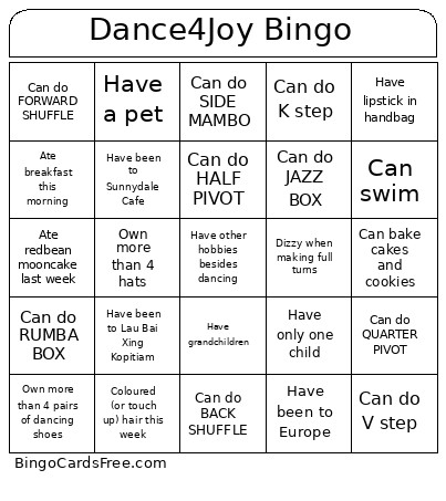 Dance4Joy Bingo Card