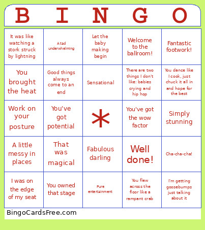 Dancing With The Stars Bingo Card