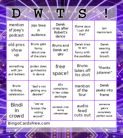 Dancing With The Stars Finale Bingo Card