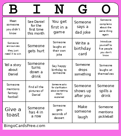 Daniels 40th Birthday Bingo Card