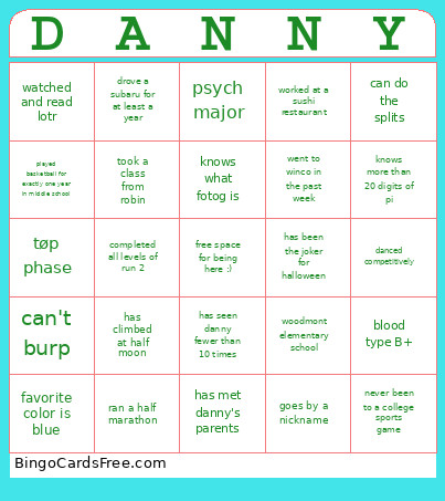 Danny Bingo Card