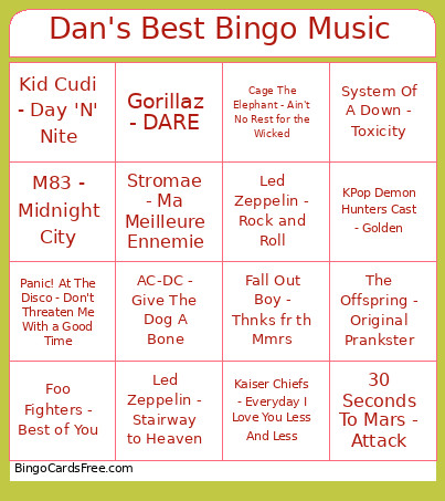 Dan's Best Music Bingo Card