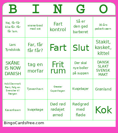 Dansk Bingo Card
