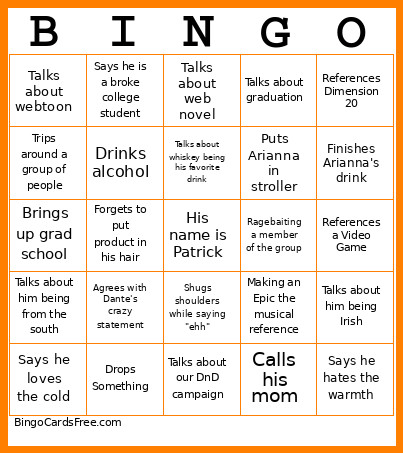 Dante Mannerisms Bingo Card