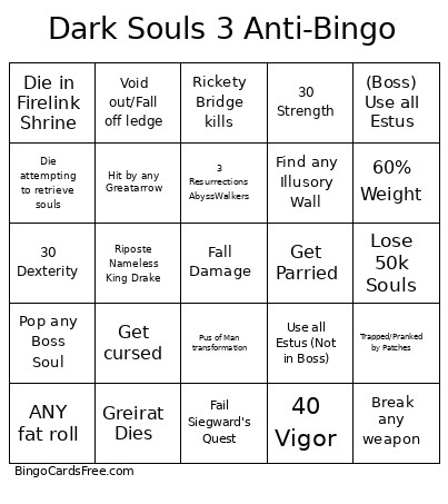 Dark Souls 3 Anti- Bingo Card