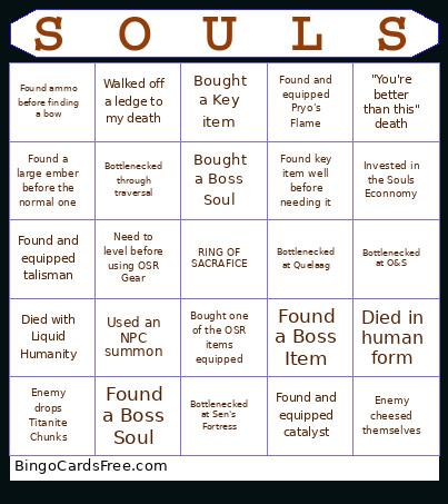 Dark Souls PTDE: One Slot Randomizer Bingo Card