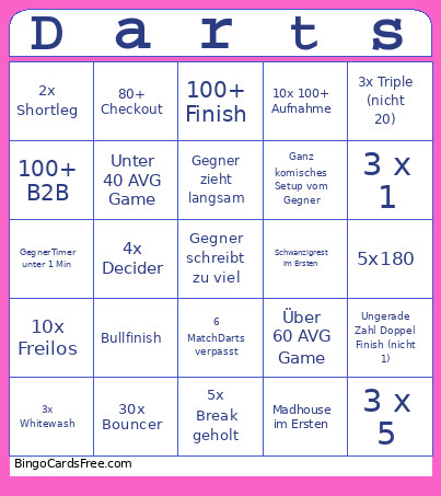 Darts Bingo Card
