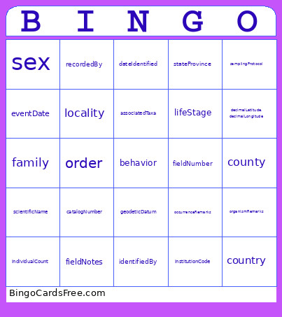 Darwin Core (DwC) Bingo Card