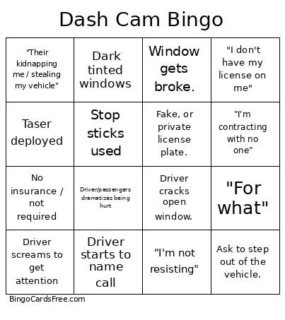 Dash Cam Bingo Card