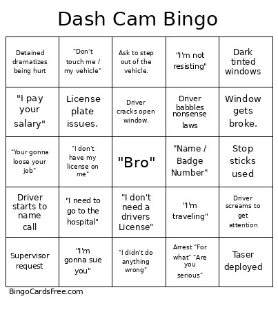 Dash Cam 5sq Bingo Card