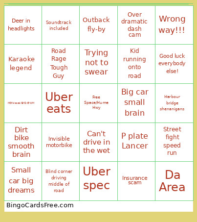 Dash Cams Australia Bingo Card