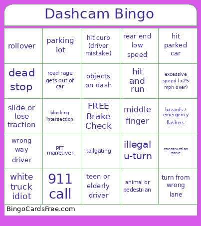 Dashcam Bingo Card