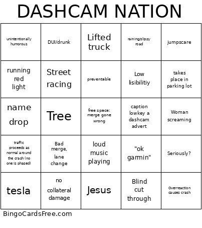 DASHCAM NATION Bingo Card