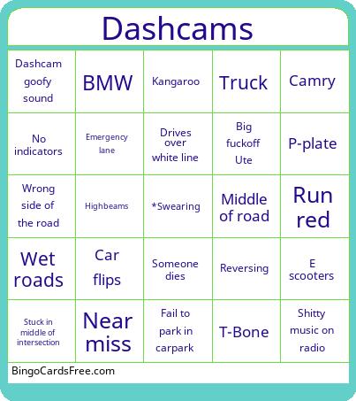 Dashcams Bingo Cards Free Pdf Printable Game, Title: Dashcams