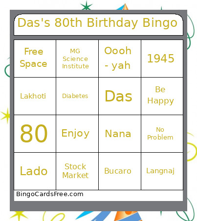 Das's 80th Birthday Bingo Card