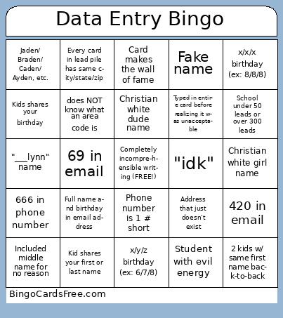 Data Entry Weekly Bingo