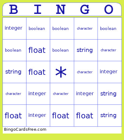 Data Type Bingo Card