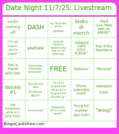 Date Night 11/7/25: Livestream Bingo Card