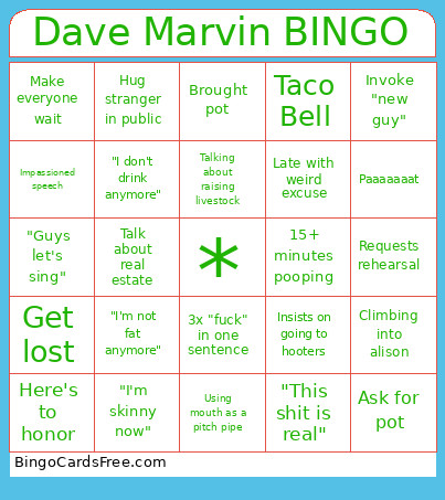 Dave Marvin Bingo Card