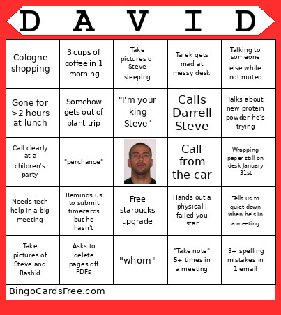 Dave Tucker 2026 Bingo Card