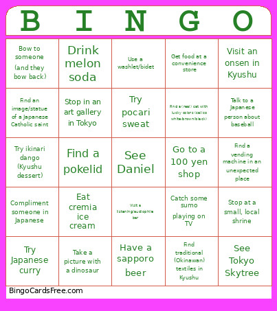 David Japan Manifest Bingo Card