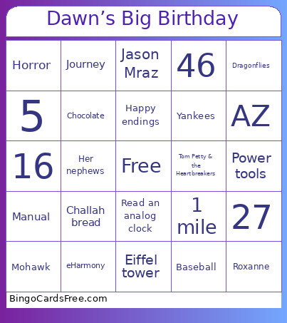 Dawn’s Big Birthday Bingo Card