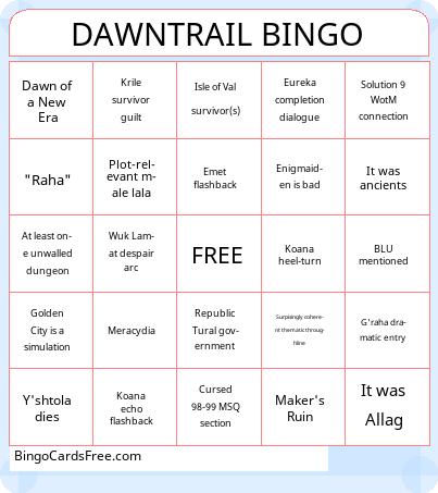 Dawntrail Bingo Cards Free Pdf Printable Game, Title: DAWNTRAIL BINGO