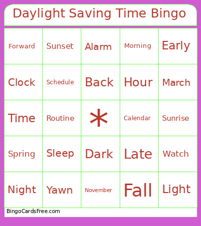 Daylight Saving Time Bingo Card