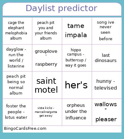 Daylist Predictor Bingo Card