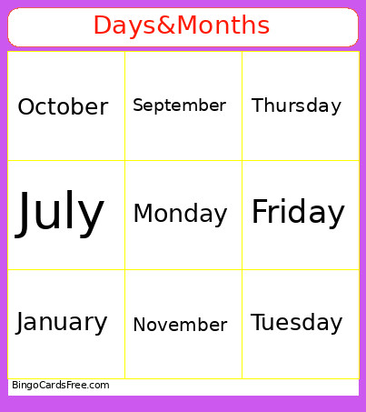 Days&Months Bingo Card