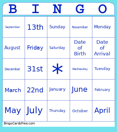 Days/months/dates Etc Bingo Card