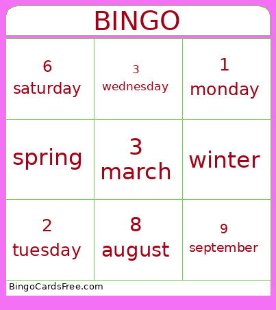 Days-months-seasons Bingo Card