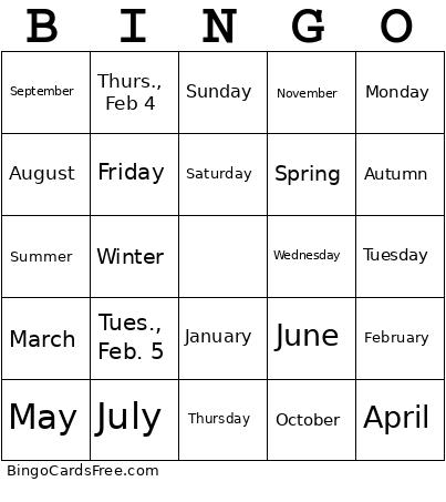 Days / Months / Seasons Bingo Card
