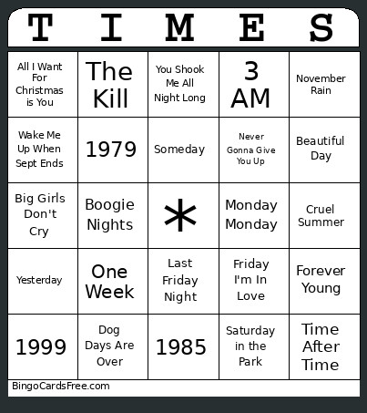 Days/Times MB Bingo Card