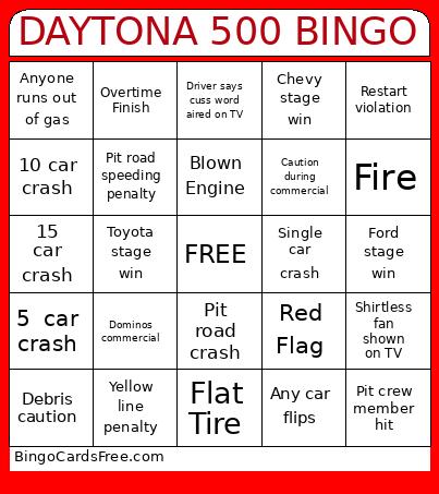 Daytona 500 Bingo Cards Free Pdf Printable Game, Title: DAYTONA 500 BINGO