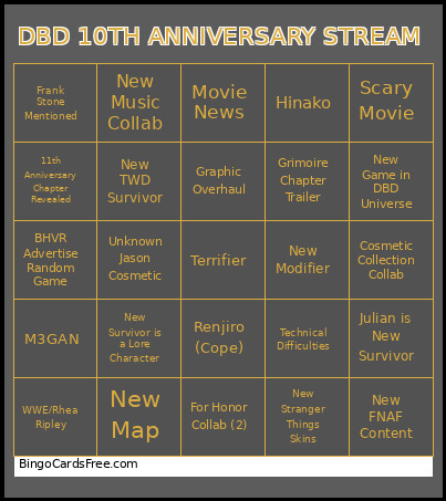 DBD 10th Anniversary Stream Bingo Card