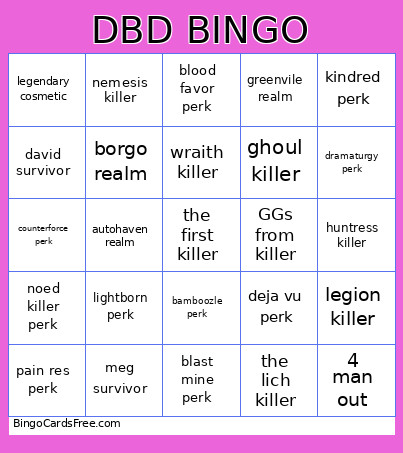DBD 2 Bingo Card