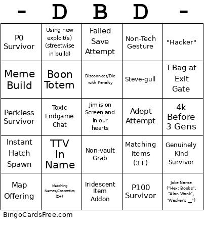 DBD Killer Bingo Card