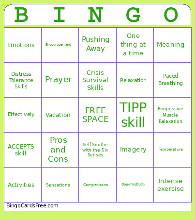 DBT Distress Tolerance Bingo Card