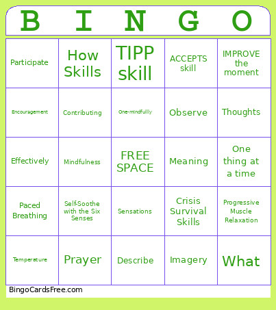 DBT Distress Tolerance Bingo Card
