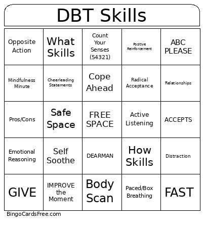 DBT Homework Bingo Card