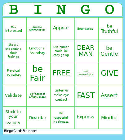 DBT: Interpersonal Effectiveness Bingo Card