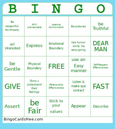 DBT Interpersonal Effectiveness Bingo Card