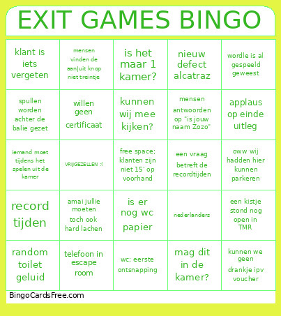 De EXIT Games Bingo Card