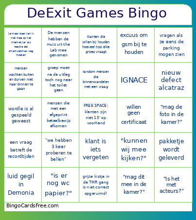 De Exit Games Bingo Card