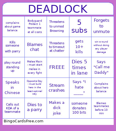 DEADLOCK Bingo Card